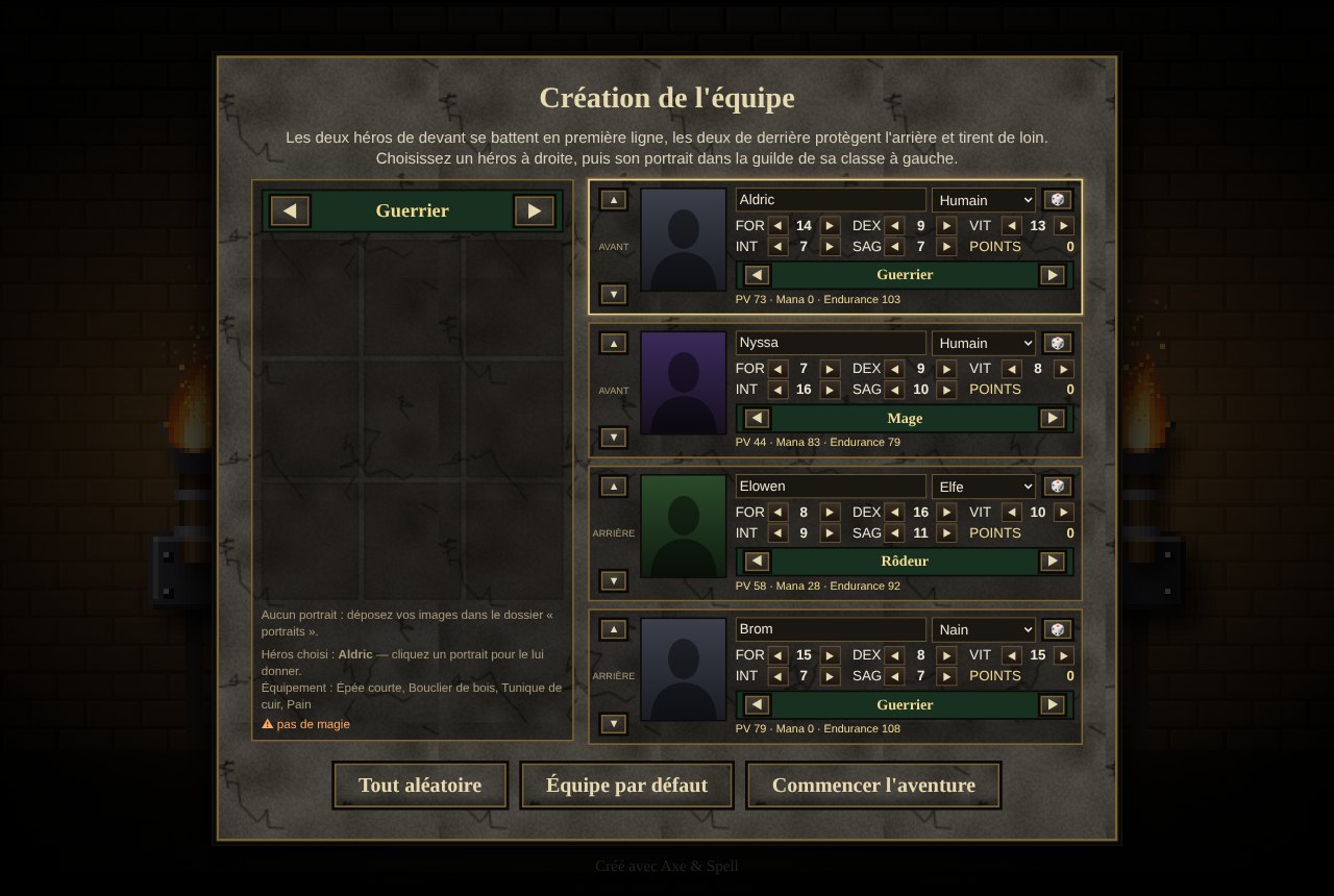 Écran de création de l'équipe : quatre héros avec races, classes et caractéristiques