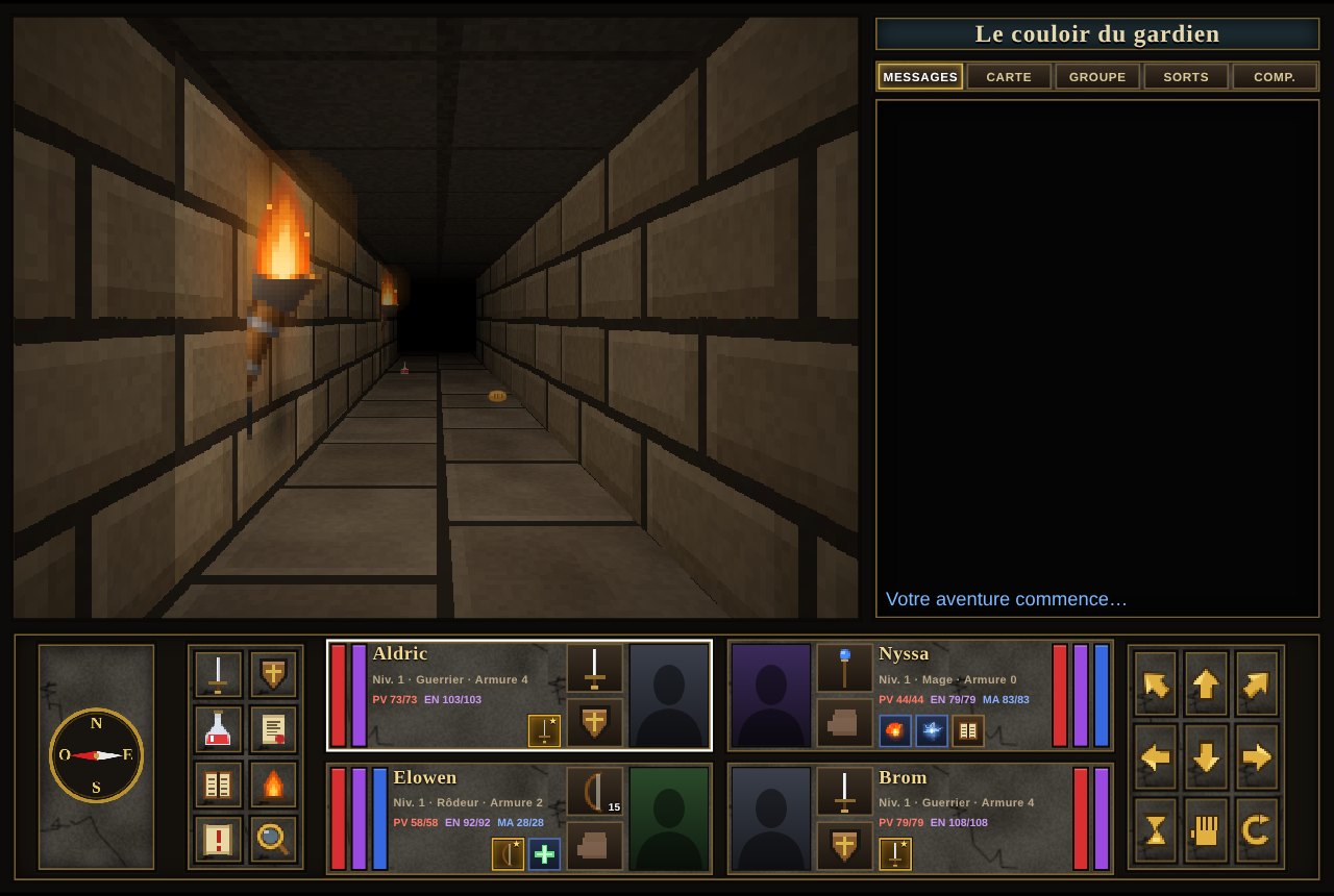 Aperçu d'Axe & Spell : couloir de donjon en vue subjective avec une équipe de quatre héros