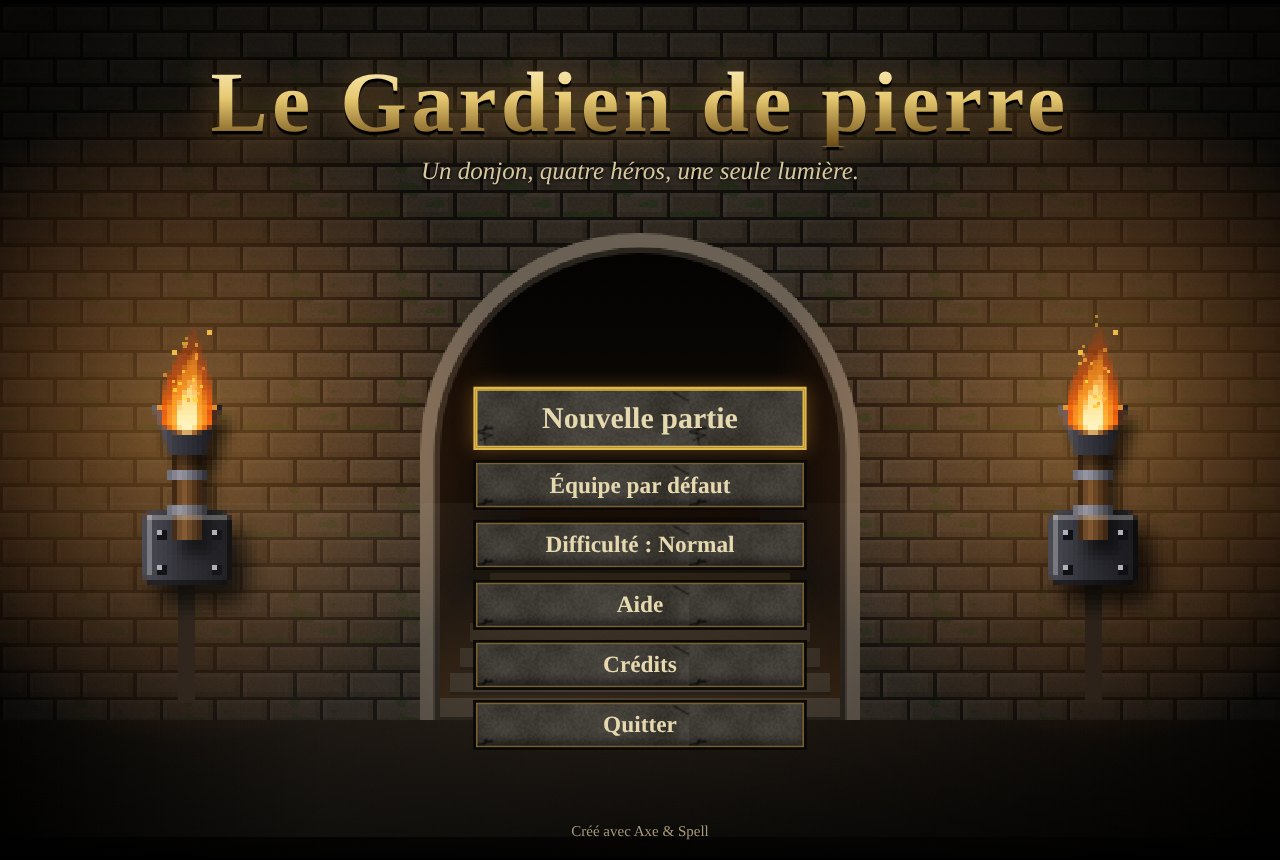 Page de titre du jeu d'exemple : porte voûtée entre deux torches, menu Nouvelle partie