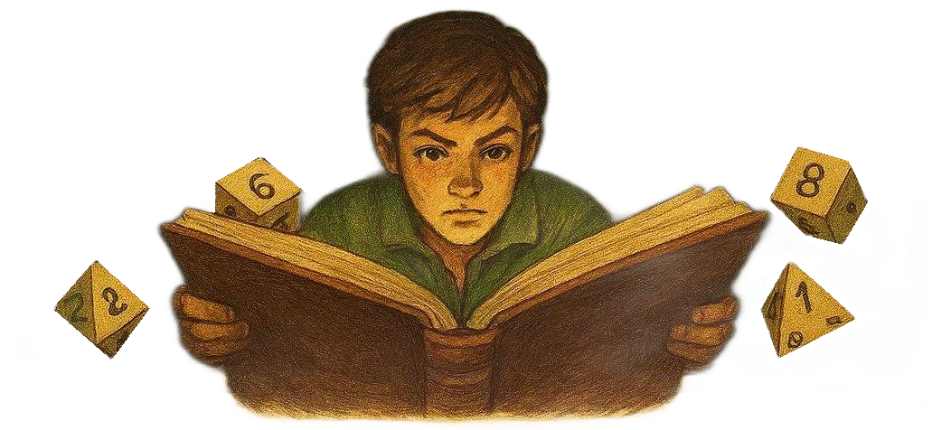 Illustration d'Adventure Loom : un jeune lecteur plongé dans un livre, entouré de dés, d'un archer et d'une créature