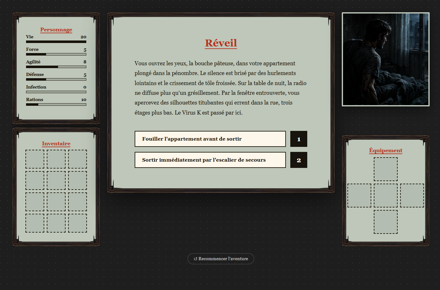 Résultat après export HTML : interface de jeu façon livre-jeu papier, avec panneau personnage (vie, force, agilité, défense, infection, rations), texte de scène illustré, choix numérotés, inventaire et équipement